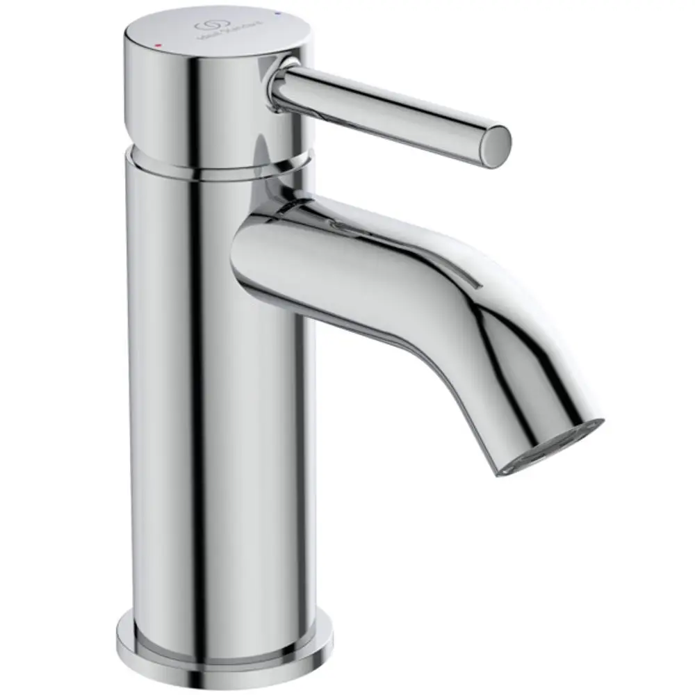 Waschtischarmatur aus glänzendem Metall von Ideal Standard mit schwenkbarem Auslauf und einem Hebel zur Wassersteuerung. Eignet sich für moderne Badezimmer.